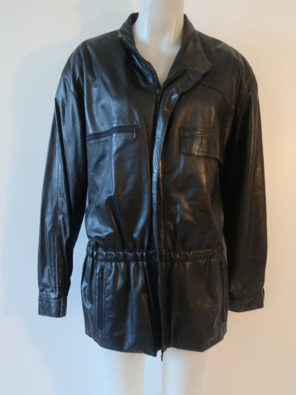 Mens Clapper Black (Item-104) Snap Button Zip Cinch Waist Leather Jacket 50 US/M